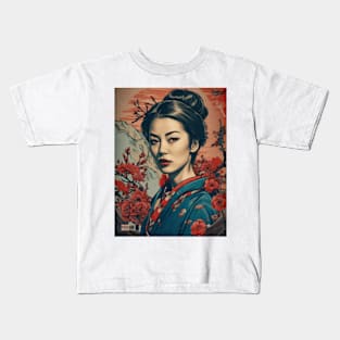 Vintage Rose Blossoms Japanese Woodblock Maple Streetwear Hipster Asian Inspired Retro Manga Samurai Crocosmia Kids T-Shirt